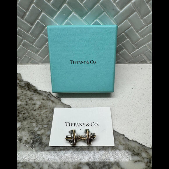 Tiffany & Co. Gold Rope Silver Signature ''X'' Clip-on Earrings .925 Silver Cert